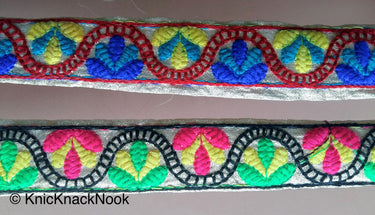 Gold Shimmer Fabric Trim With Blue, Yellow And Red Floral Embroidery, Approx. 30mm Wide - 200317L194